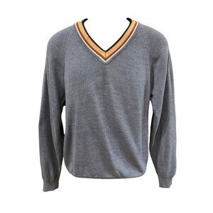 Vintage Bike Gray V-Neck Sweater With Striped Collar Men’s Size Small